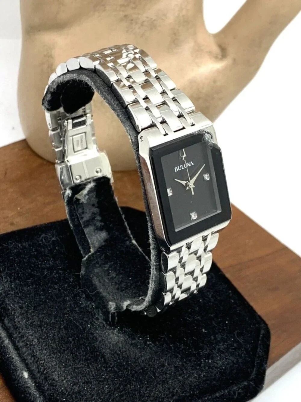 Bulova Women's Watch 96P202 Black Dial Diamond Quadra Silver BROKEN CRYSTAL